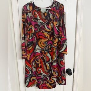 Maeve Anthropologie Large 3/4 Sleeve Shift Dress Retro Swirl Print Pink Orange